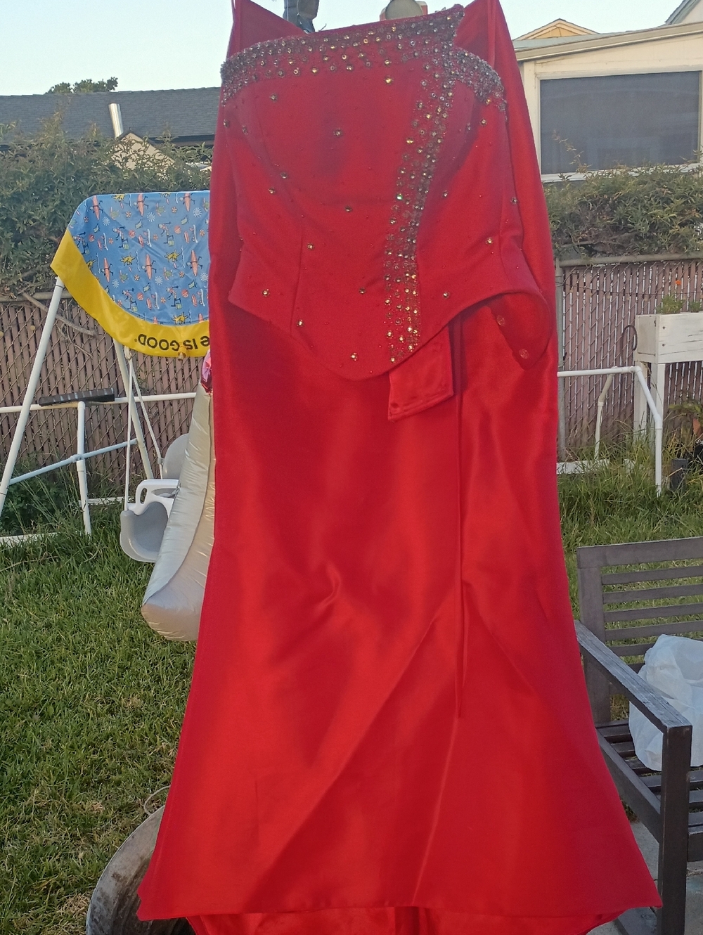 Red Beaded Satin Evening Gown